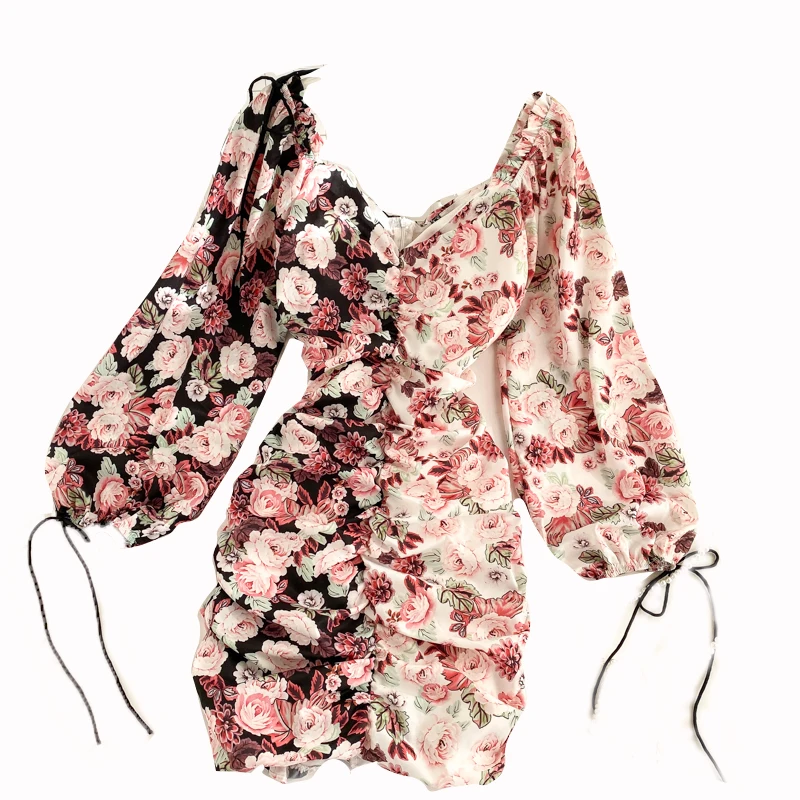 

New 2020 Summer Patchwork Dress Women Elegant Patchwork Bodycon Dress Ladies V-neck Sexy Floral Pirnted Beach Dress Vestidos