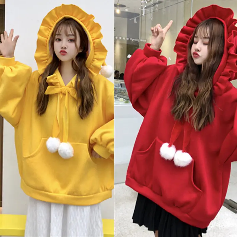 

Christmas Hooded Plus Velvet Padded Sweatershirts Women's Autumn Winter New Loose Bow Top Female BF Lazy Harajuku Style Hoodie