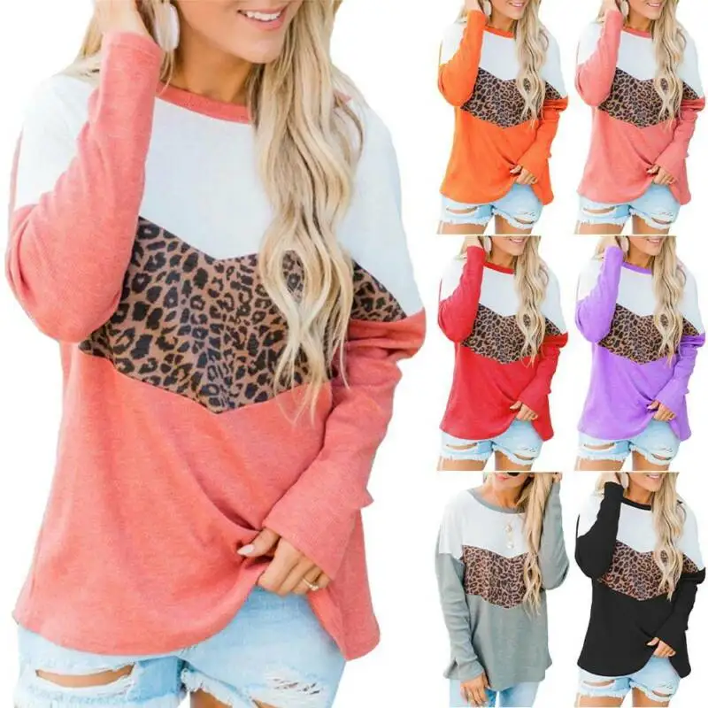 

Women Long Sleeve Leopard Printed T-Shirts Tops Summer Loose Casual Basic Tee