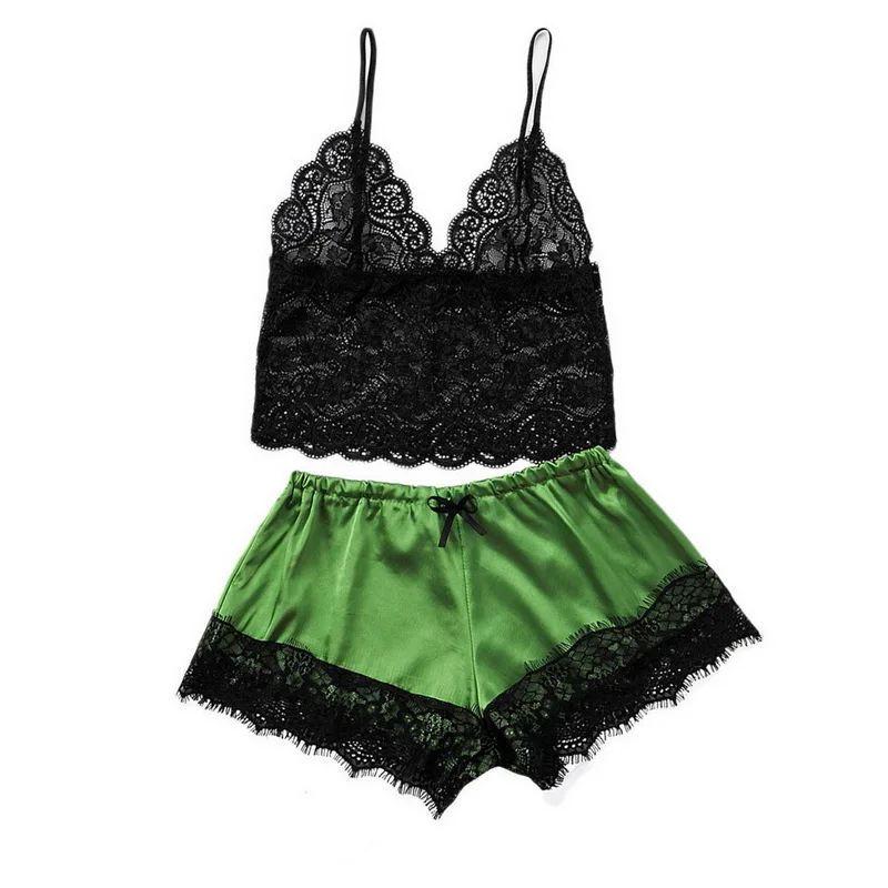 green WENYUJH, новинка, женская одежда для сна, сексуальное белье, сатин, кружево, v-образный вырез, камзол шорты, набор, одежда для сна, пижама, одежда для сна, Ночная одежда - Цвет: green