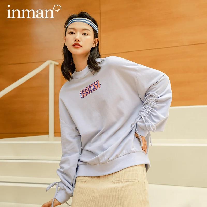 

INMAN Autumn Winter Personality Drawstring Bow Rib Round Neck Pullover Long Sleeve Women Sweatshirt