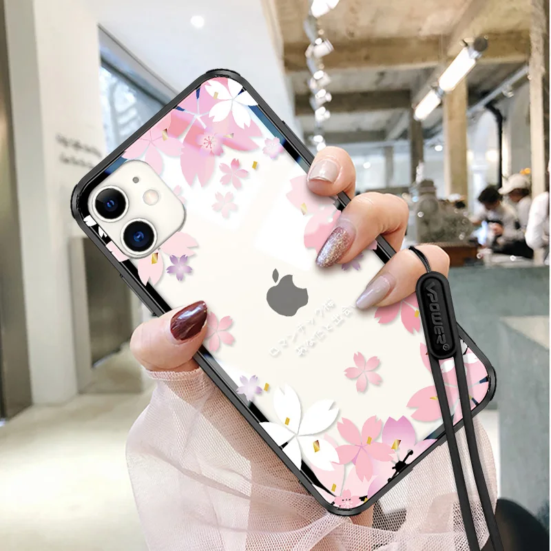 

TPU Frame + girl flower clear transparent Tempered glass protection phone case for iPhone 11 pro max xs max xr glass cover cases