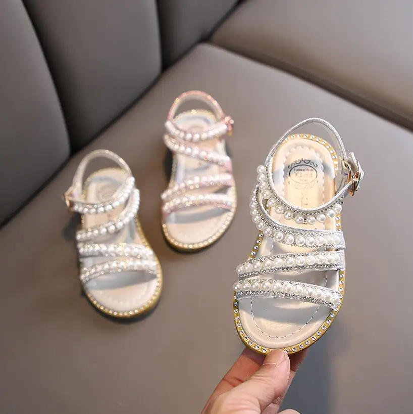 

New Summer Girls Roman Style Sandals Kids Beach Sandals Princess Pearl Beading Dress Shoes Children Rhinestone Summer Shoes