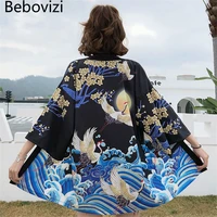 bebovizi summer crane print kimono with belt haori women cardigan surblouse japanese traditional beach harajuku sexy yukata