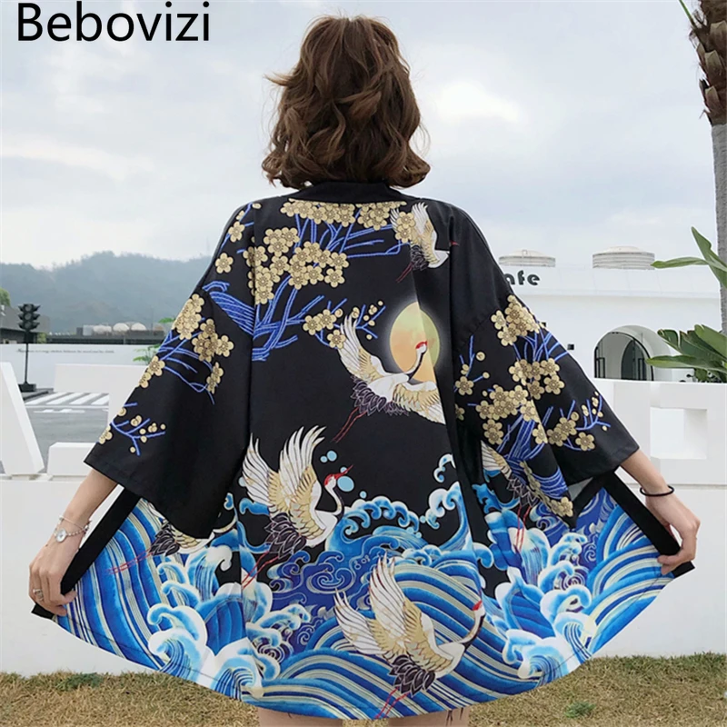 Bebovizi летнее кимоно с принтом журавлей поясом Haori женский кардиган Surblouse японский