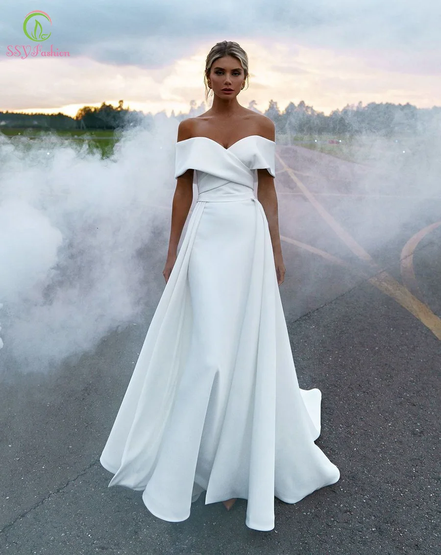 

SSYFashion New White Simple Evening Dress Banquet Elegant Boat Neck Mermaid Long Prom Formal Gowns for Women Vestidos De Noche