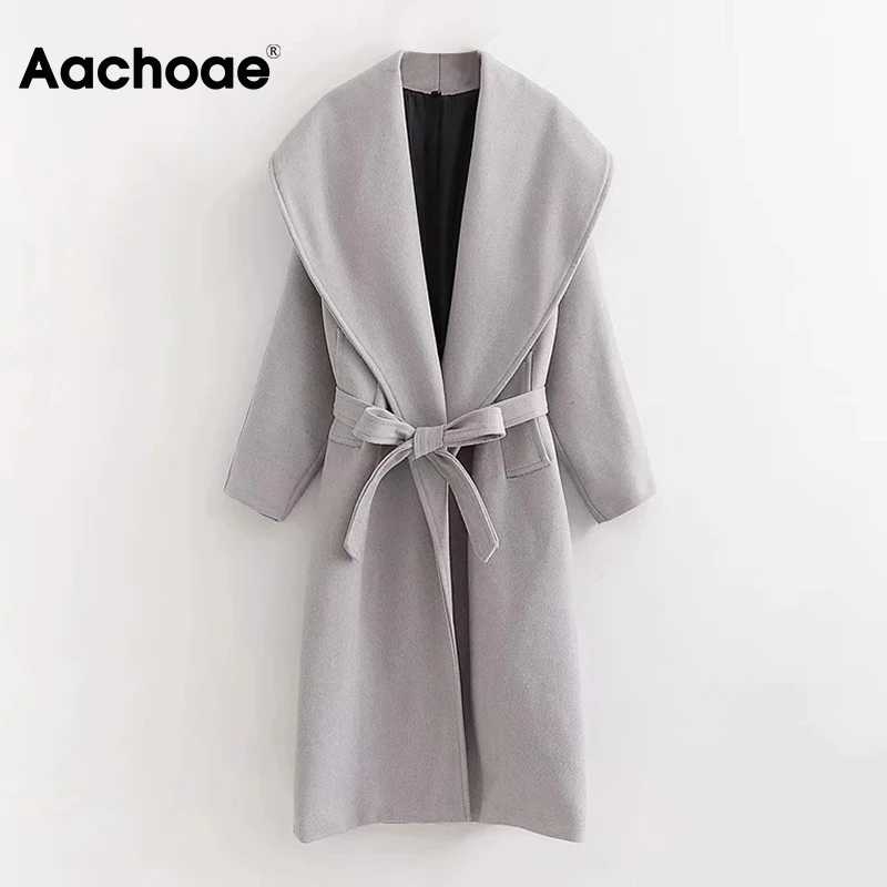 

Aachoae Womens Coats 2020 Winter Casual Long Woolen Coat Female Big Collar Gray Overcoat Batwing Sleeve Sashes Elegant Outerwear