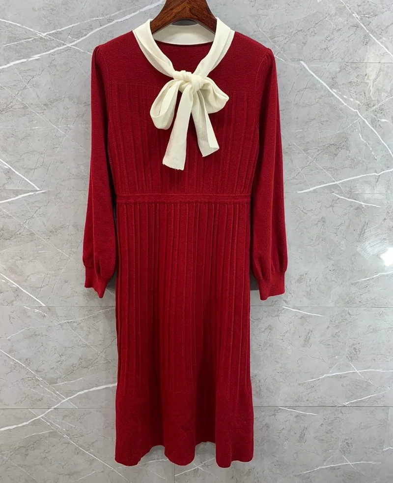 Knitted Dress 2021 Autumn Winter Casual Long Sweater Dress High Quality Women Bow Collar Long Sleeve A-Line Wine Red Black Dress