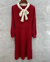 knitted dress 2021 autumn winter casual long sweater dress high quality women bow collar long sleeve a line wine red black dress