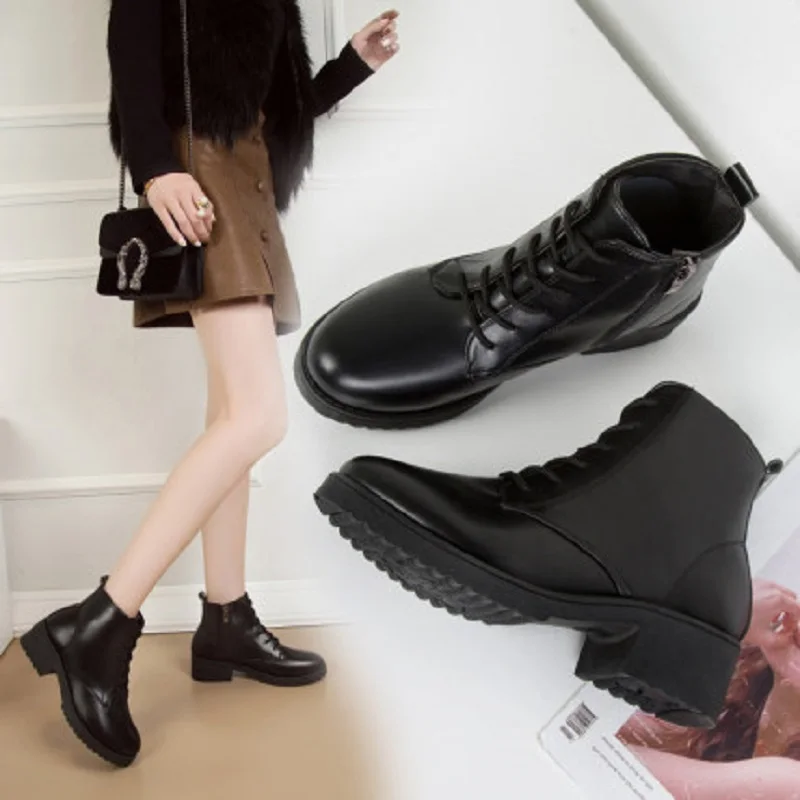 

2019 Winter New Women's Short Boots Fashionable Wild Comfortable Breathable Lace Up Side Zip Round Toe Heel Women Boots