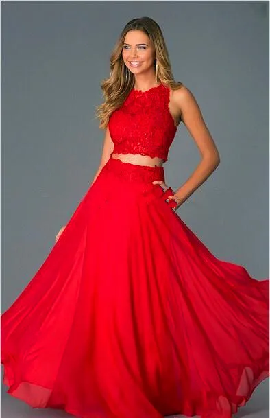 

free shipping 2018 Hot Sales Red long Sexy 2 Pieces Prom Crew Floor-Length Chiffon Lace Applique Beaded bridesmaid dresses