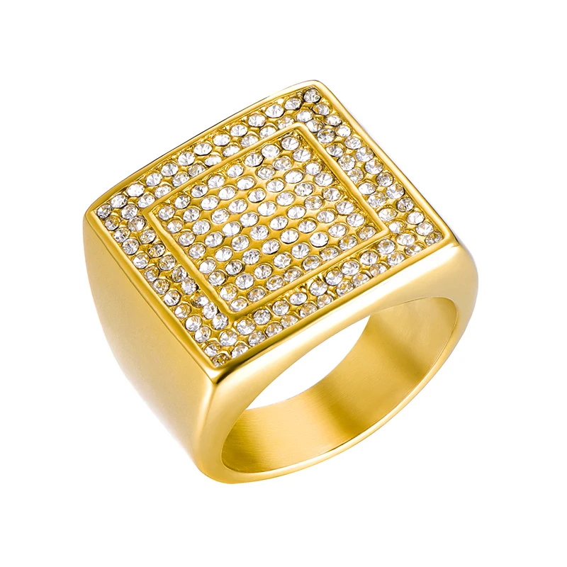 Большие квадратные микро проложить Стразы Iced Out Bling Ring IP Позолоченные титановые