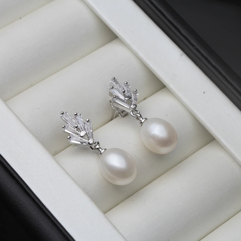 

Classic Long Zircon Stud Earrings 925 Silver Fine Jewelry,Black Real Natural Freshwater Pearl Earrings Engagement Gift