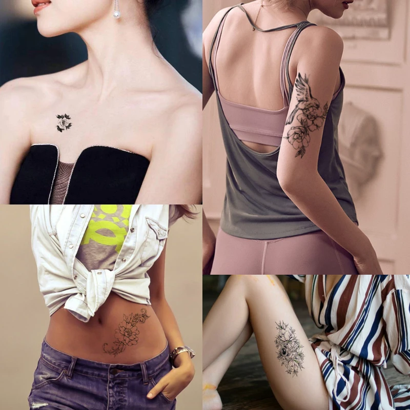 21x10 см Черно-белый цветок временная тату-наклейка искусственная красота пион