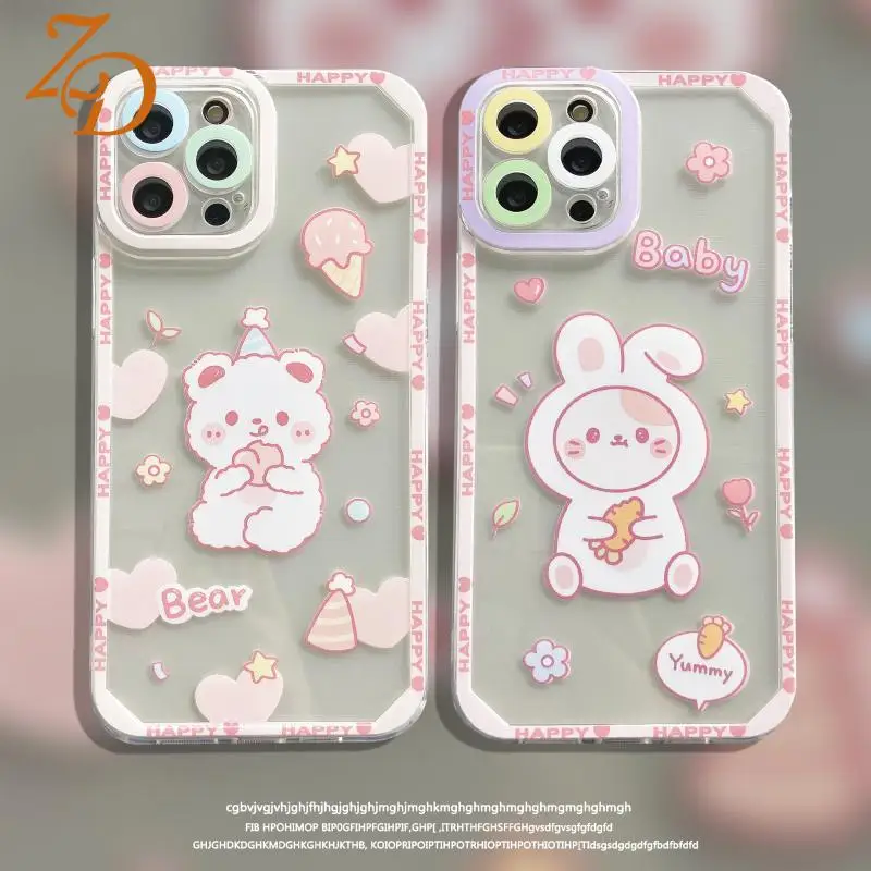 

Cartoon Couple Phone Case For iPhone 13 12 11 Pro Max Se2020 X Xs Max Xr 7 8 Plus Rabbit Right-Angle Lens Protection Phone Cover