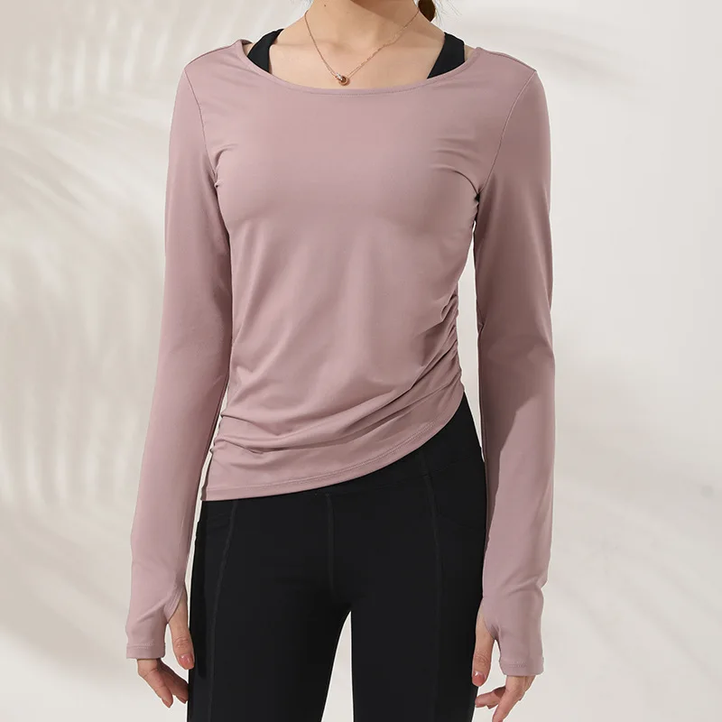

Autumn Thin Style Sports T Shirts Women Irregular Waist Design Long Sleeve Fitness Yoga Top Elastic Slim Workout Running T-Shirt