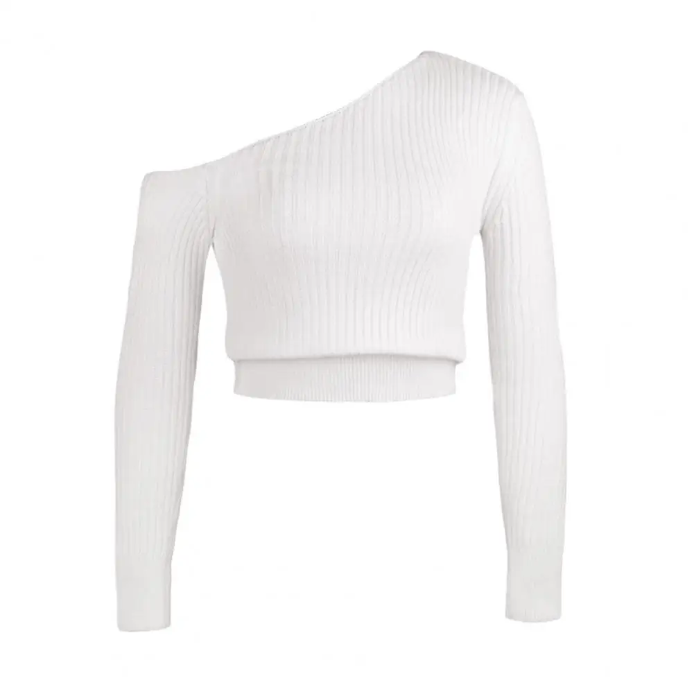 

Women Sexy Off Shoulder Sweater Solid Color Long Sleeve Ribbed Knitted Pullover