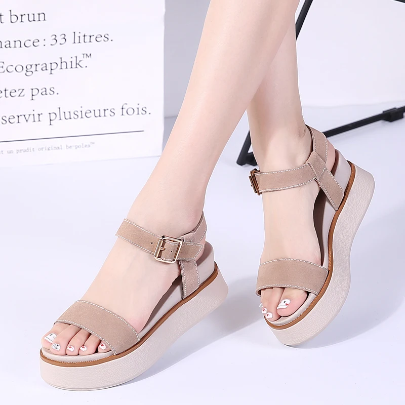 Сандалии женские из коровьей замши босоножки на плоской подошве повседневные