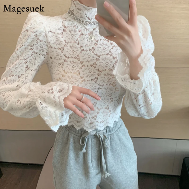 

New Spring Puff Sleeve Lace White Blouse Shirts Turtleneck Casual Solid Shirt Tops Female Short Sexy Crop Top Women Blusa 12710