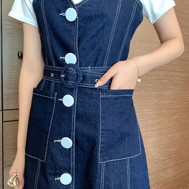 

New Arrivals Blue Retro Spaghetti Strap Denim Dress Summer 2021 Office Lady Single Breasted Pockets Women's Dress With Belt