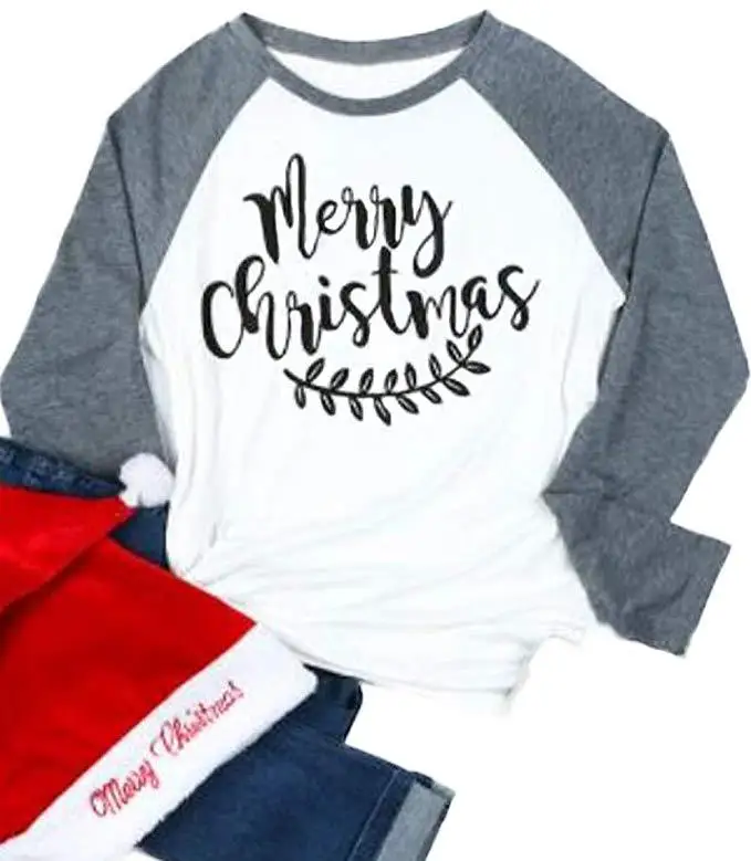 Новинка, модные женские футболки с надписью «Merry Christmas», лоскутные Футболки с длинным рукавом, футболки размера плюс S-XXL 3XL