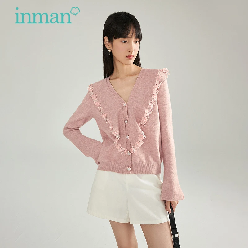 

INMAN осенне-зимний женский свитер сладкий элегантный полый вышитый Сращивание Тонкий v-образный вырез романтические расклешенные манжеты же...