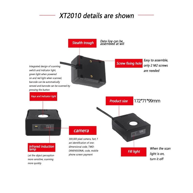

XT2010 USB / RS232 2D Embedded Barcode Scanner 1D/2D Code Multifunction QR Reader Bar Code Reader