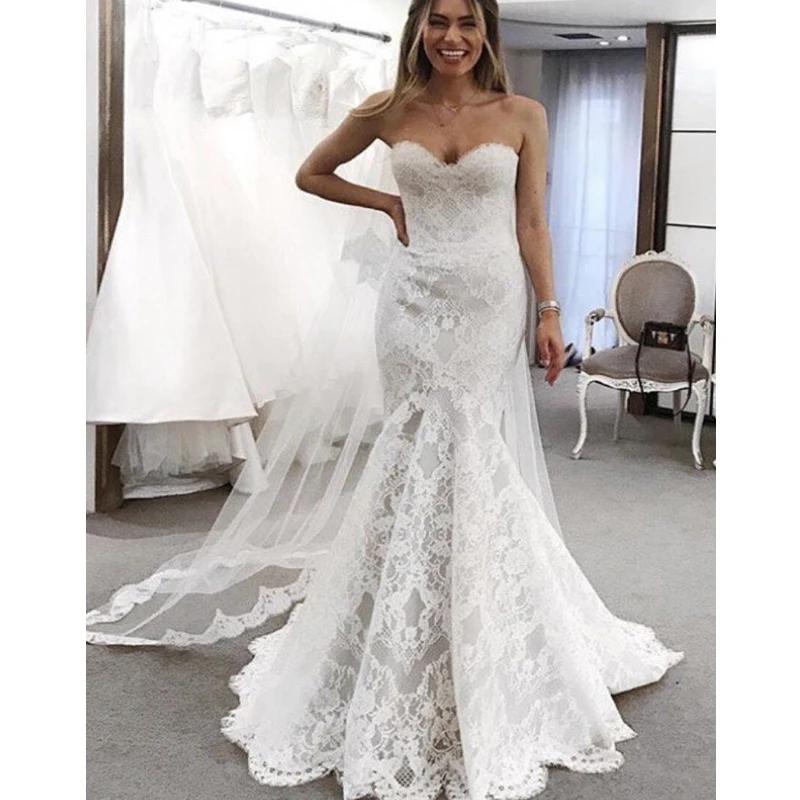 

Mermaid Wedding Dresses Lace Sweetheart Button Back Sweep Train Strapless 2020 Bridal Gowns Vestido De Noiva Cheap