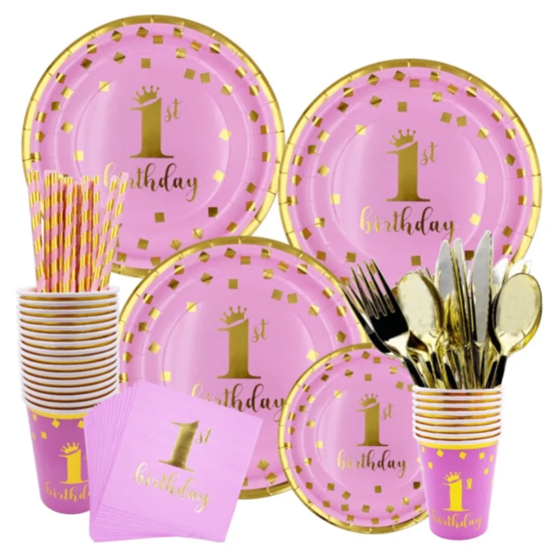 

142Pcs Pink Tableware Supplies,Paper Plates Cups Napkins Sets, for Birthday Party Decorations,Serve 16 Guests