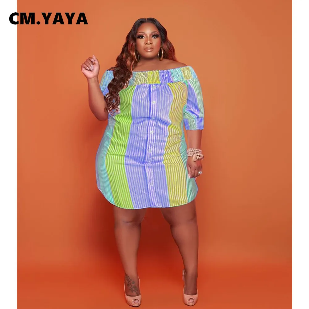 

Женское платье с открытыми плечами CM.YAYA, разноцветное прямое свободное платье на пуговицах с воротником-лодочкой и коротким рукавом, модная...