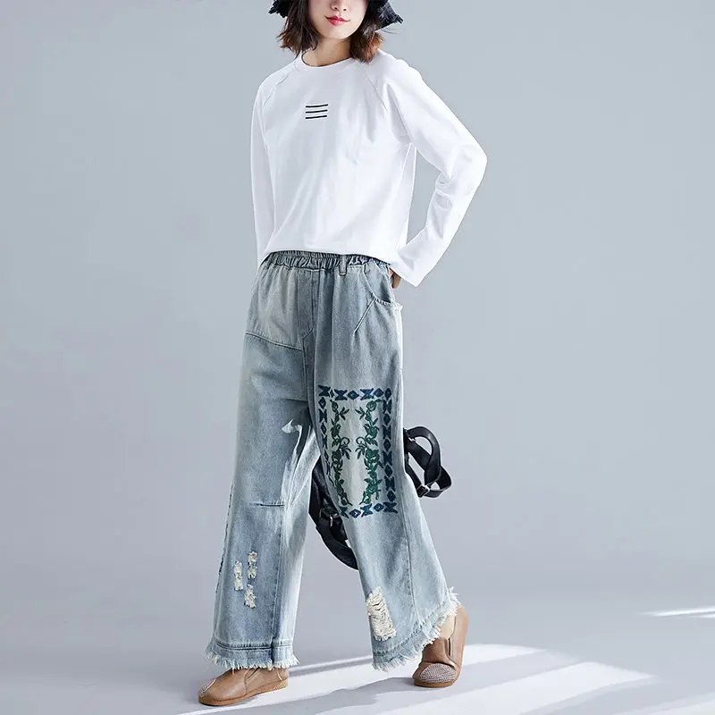 Размера плюс женские джинсы с вышивкой винтажные свободные прямые брюки