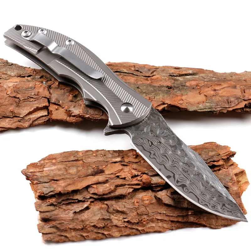 Складной нож лезвие из дамасской стали титановая ручка тактический охотничьи