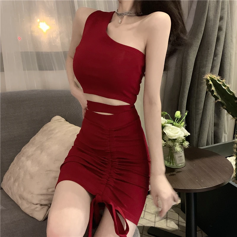 

Women New One Shoulder Short Style Tops Skirt Suit Female Sexy Sleeveless Bodycon Party Mini Skirts Ladies Package Hip Skirts