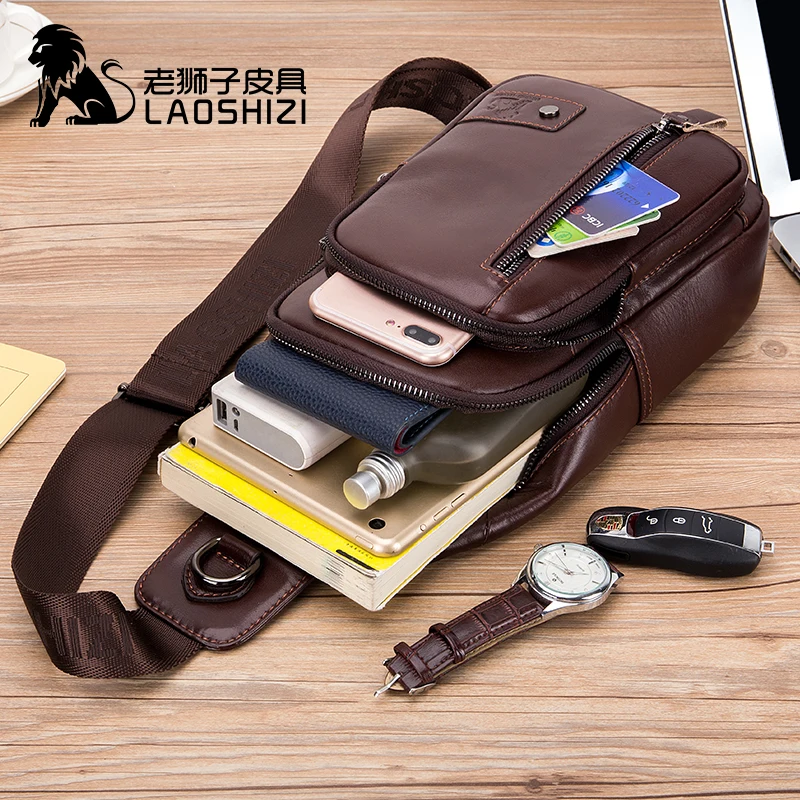 Мужская нагрудная сумка LAOSHIZI из натуральной коровьей кожи для молодых людей