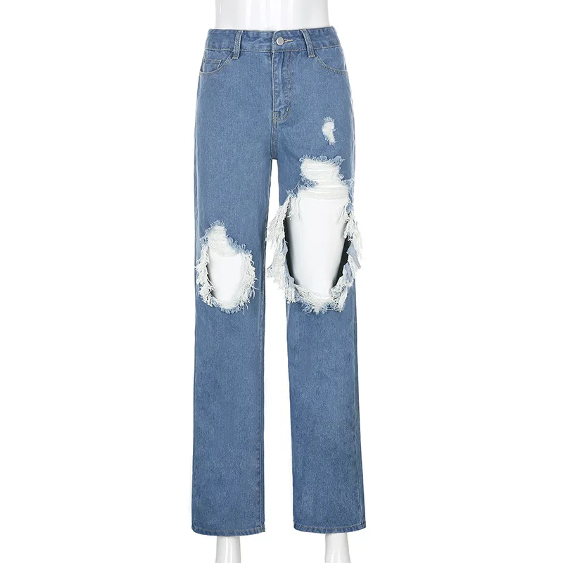 

Baggy Hole Jeans Retro Vintage Punk Streetwear Women Indie Aesthetic Wide Leg Straight Pants Patchwork Blue Denim Trousers