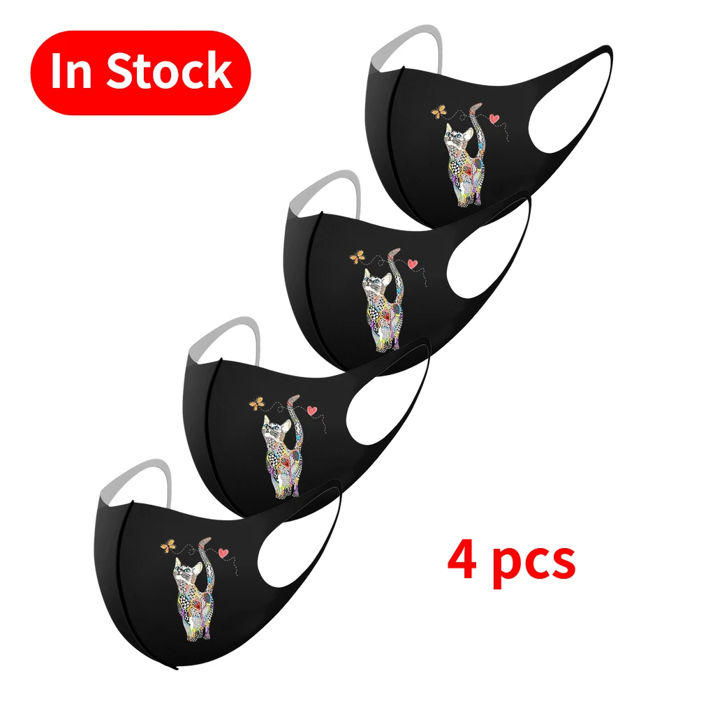 Маска Защитная Для Лица женская моющаяся черная 4 шт. принт с милой
