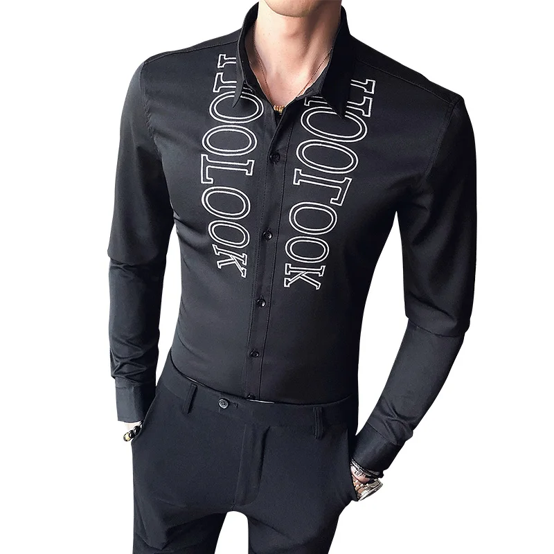 

Casual 2021 Spring Men Shirt Embroidered Letters Long Sleeve Dress Shirts Slim Fit Streetwear Social Work Clothes Blouse Homme