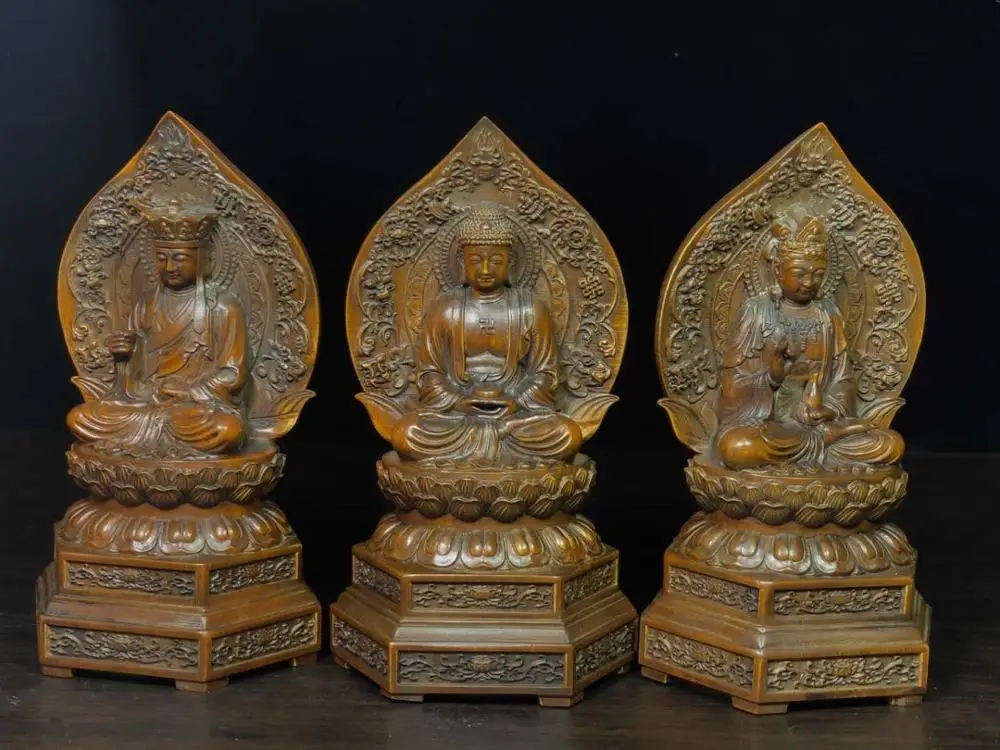 

wedding decoration Chinese Boxwood Wood Carved Western Three Saints Guanyin Buddha Shakyamuni