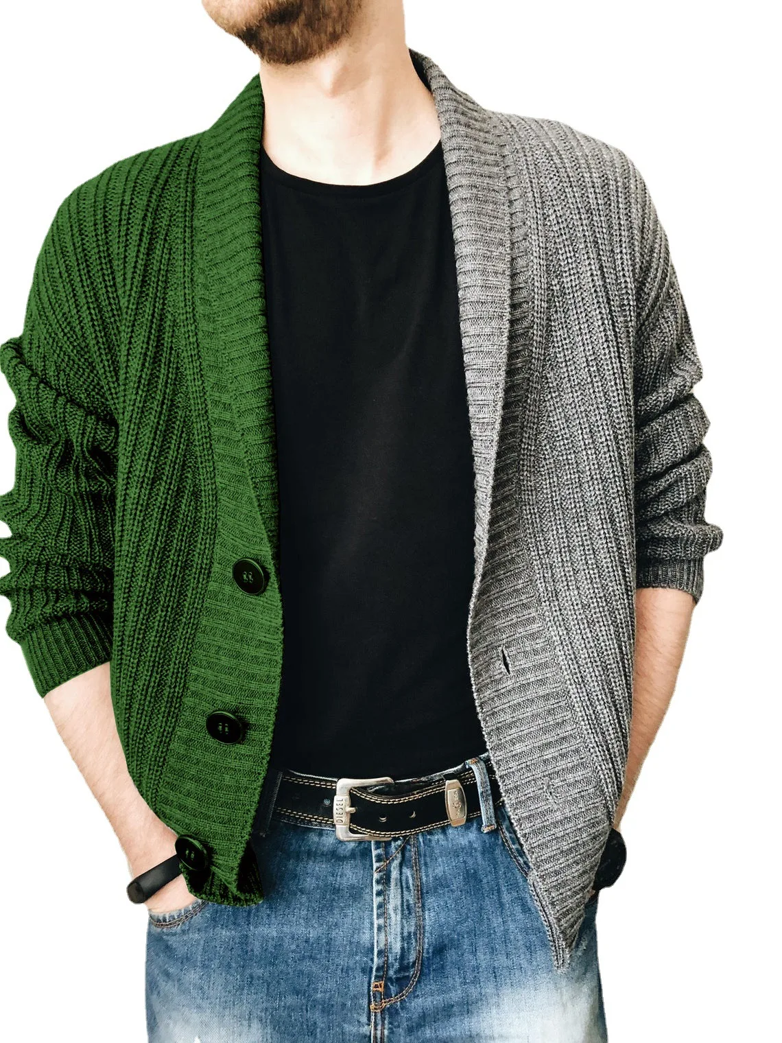

2022 Men's Autumn and Winter New Dual-Color Patchwork Long-Sleeved Cardigan Single-Breasted Sweater
