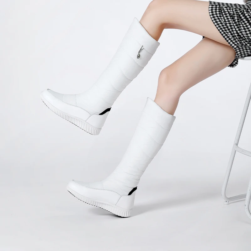 

NEW Women Boots 2020 Autumn Winter Real Leather Waterproof Down Knee-High Cloth Snow Boots Space Cotton Padding Plush Flat with