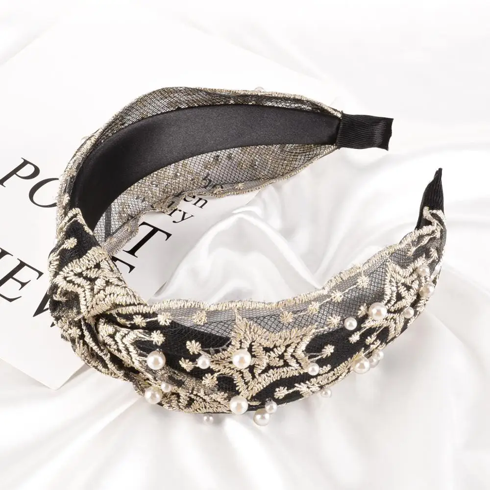 Женская Кружевная повязка на голову с жемчугом модные ленты для волос из