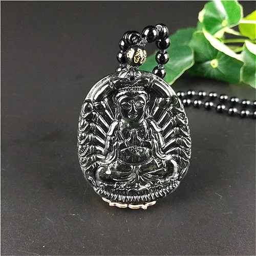 Сертифицированный китайский натуральный черный зеленый нефрит Гуаньинь кулон