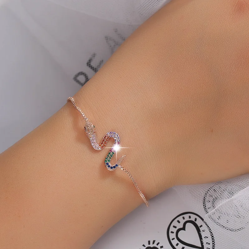 

Vintage Female Crystal Snake Bracelet Rose Gold Silver Color Bracelets For Women Cute Rainbow Zircon Stone Party Chain Bracelet