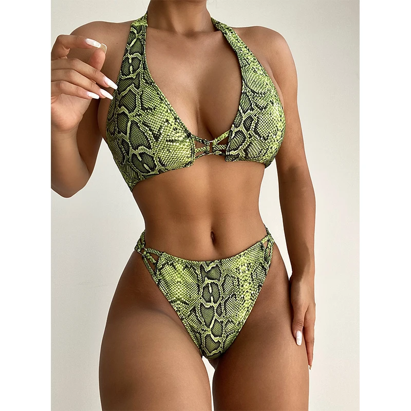 

Mossha 2021 Sexy snake print bikini set Halter swimsuit women's swimsuit High cut swimwear female Bathing suit Summer beach wear