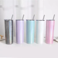 new style portable tumbler sublimation water cup 20oz thin straight cup rainbow paint gift cup with straw and lid