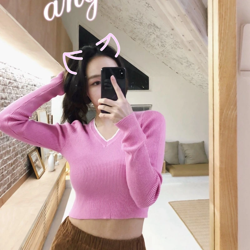 Женский укороченный свитер kawaii розовый трикотажный с длинным рукавом в
