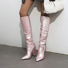 2020 модные женские туфли из ткани с блестками, на высоком каблуке-шпильке; Сапоги на высоком каблуке; Высокие зимние сапоги до колена В рыцарском стиле ботинки размера плюс розовые вечерние туфли