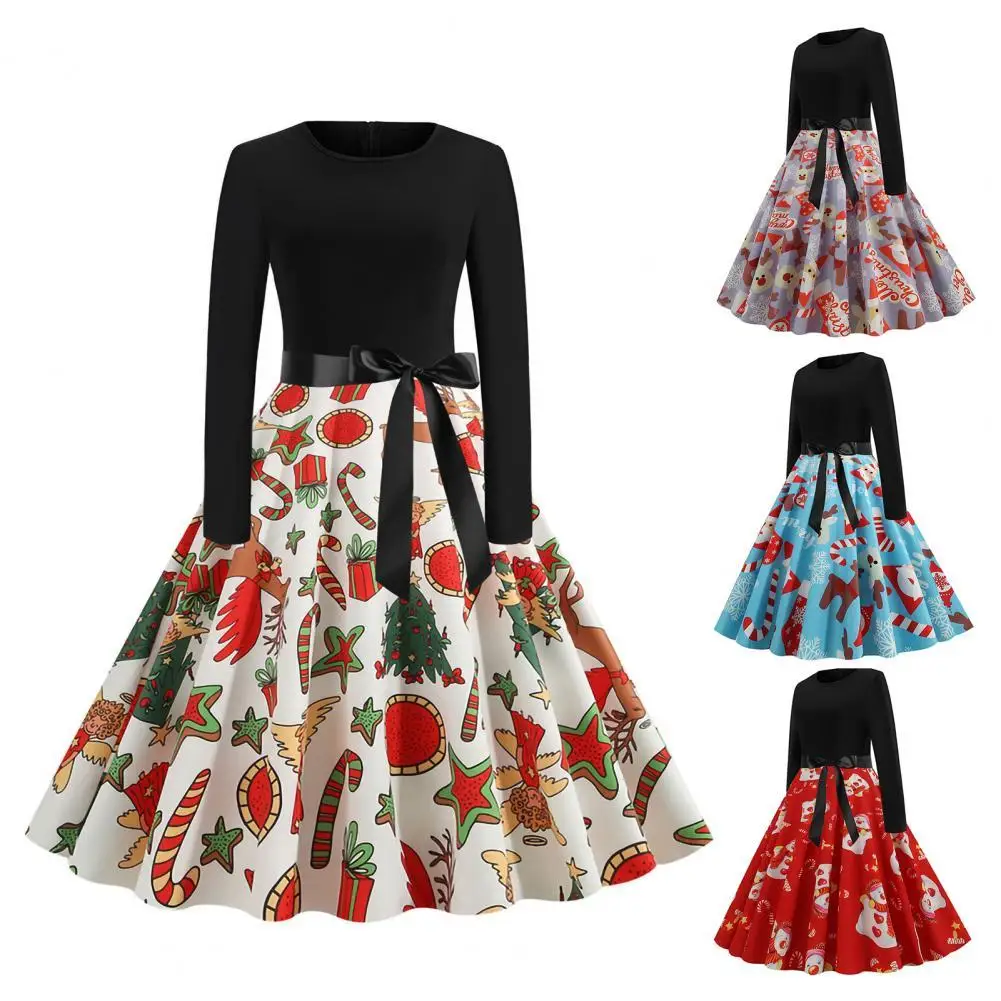 

Рождественское платье с круглым вырезом и длинным рукавом, ТРАПЕЦИЕВИДНОЕ Плиссированное женское платье с широким подолом и рождественски...