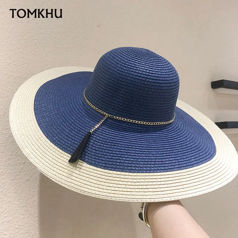 Korean Version New Color Matching Big Brim Straw Hat For Women Summer Outdoor Sunscreen Beach Hat Vintage Bonnet Enfant Verano