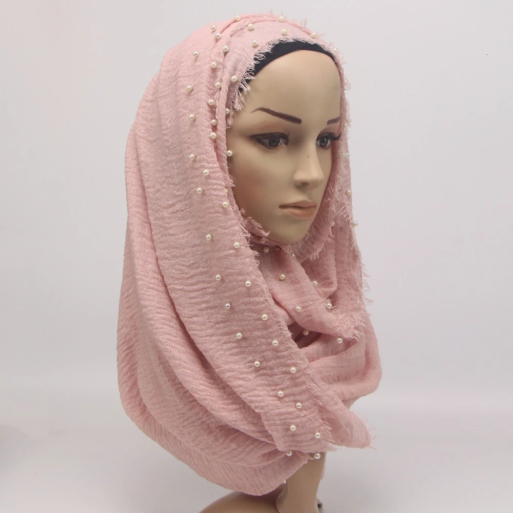 

Cotton Scarf Beads Bubble Pearl Wrinkle Shawls hijab Drape Stitching Fringe Crumple Muslim Spring Autumn Women Long Scarves